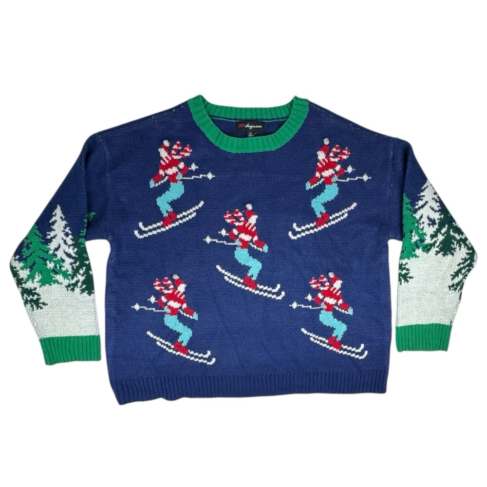 33 Degrees Ugly Christmas Sweater Sz XL Alpine Skiers Skiing Pine Trees Holiday - Picture 2 of 13